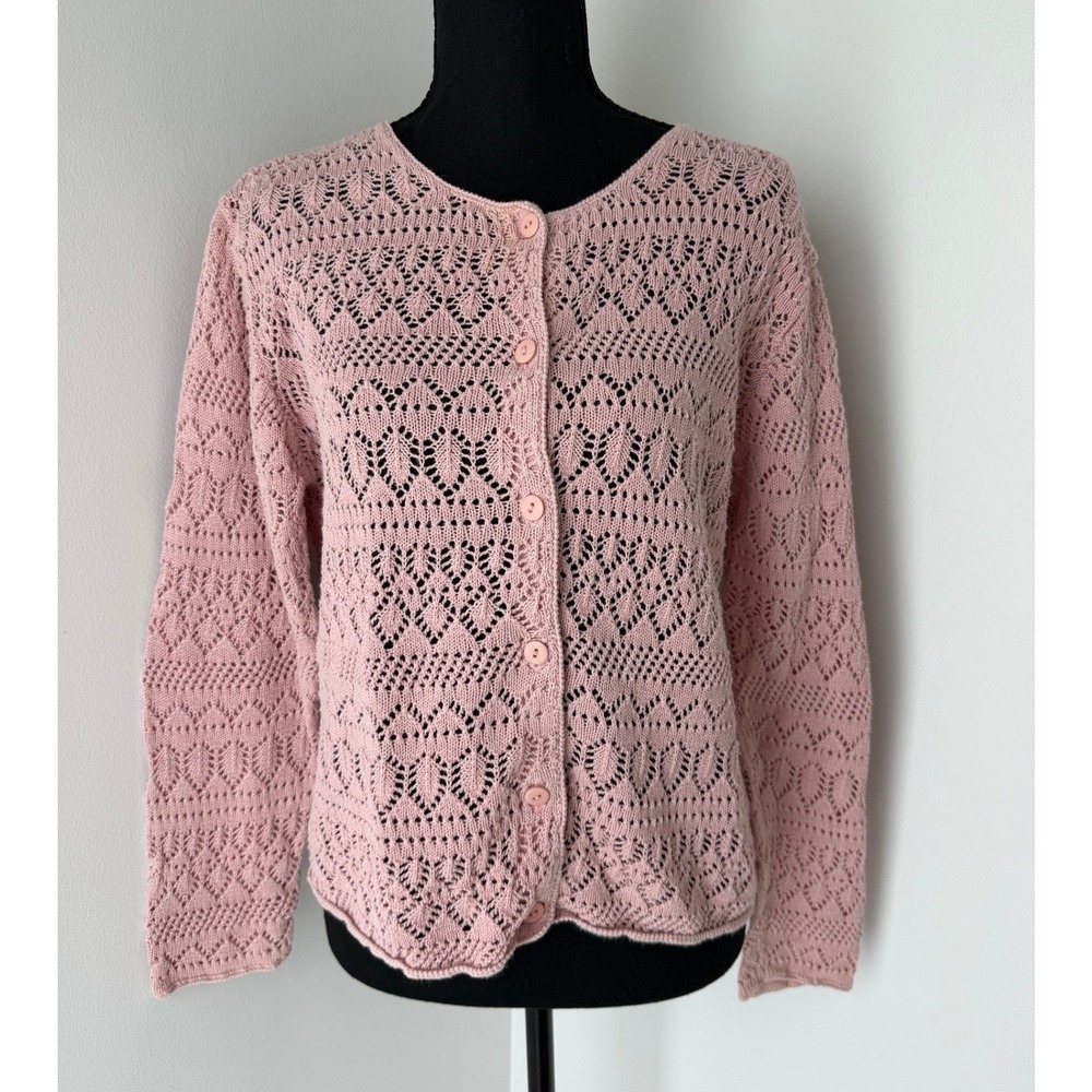 Vintage Baby Pink Pointelle Cardigan Sweater Ramie Cotton  Long Sleeve Crewneck